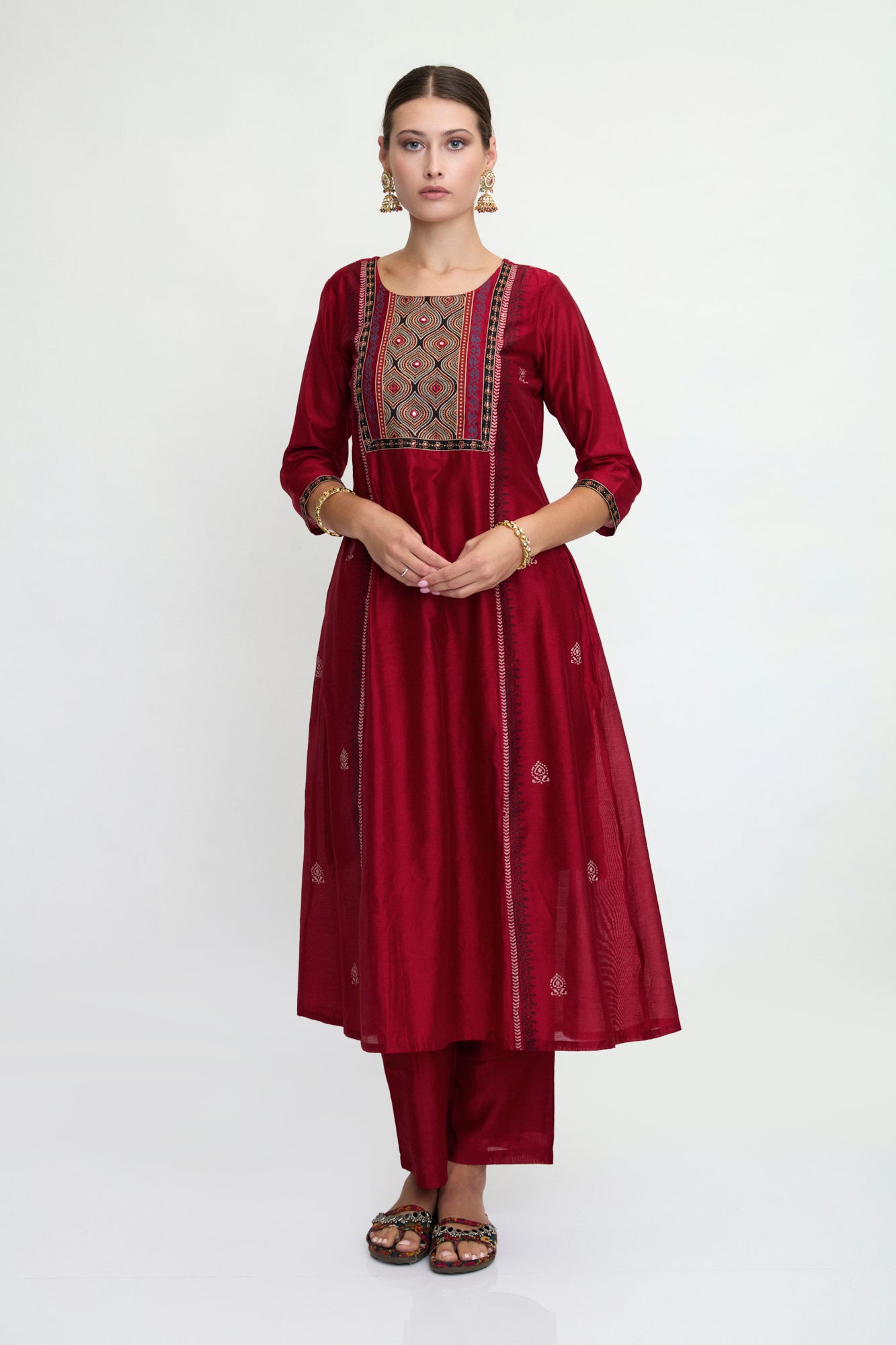 Maroon Cotton Embellished Kurta Set