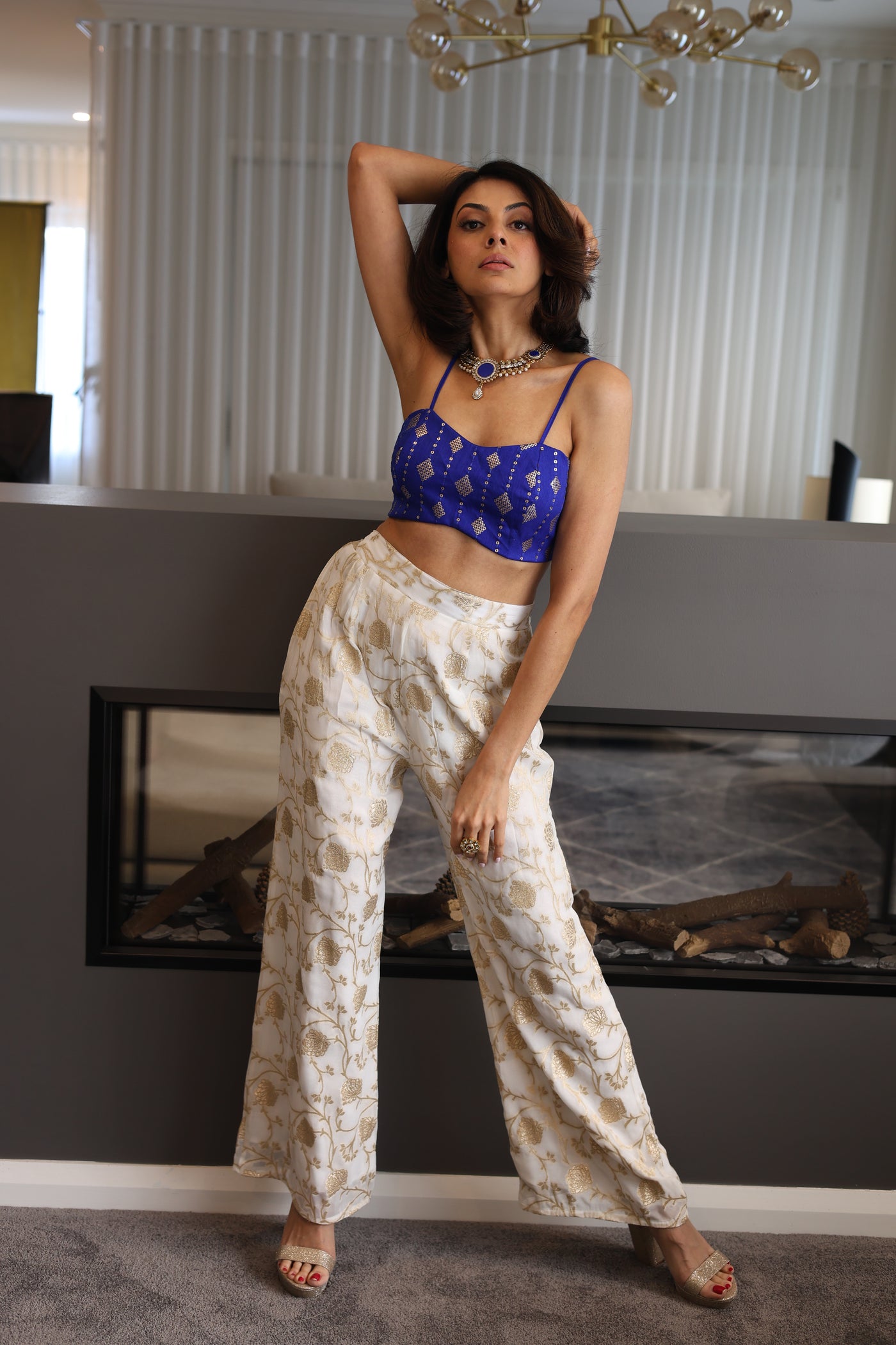 Ivory with Gold Weaving Wide Leg Pants