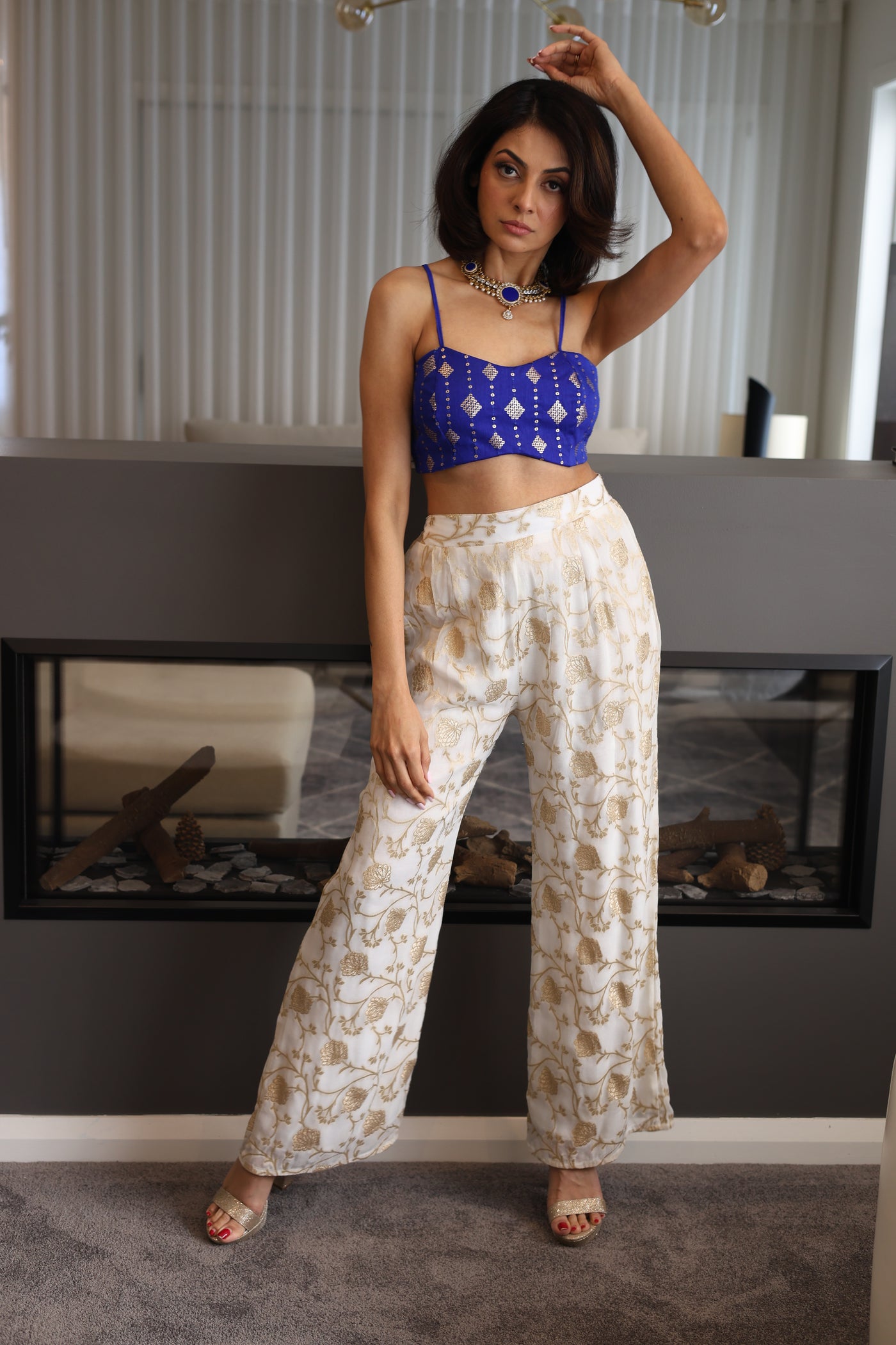 Ivory with Gold Weaving Wide Leg Pants