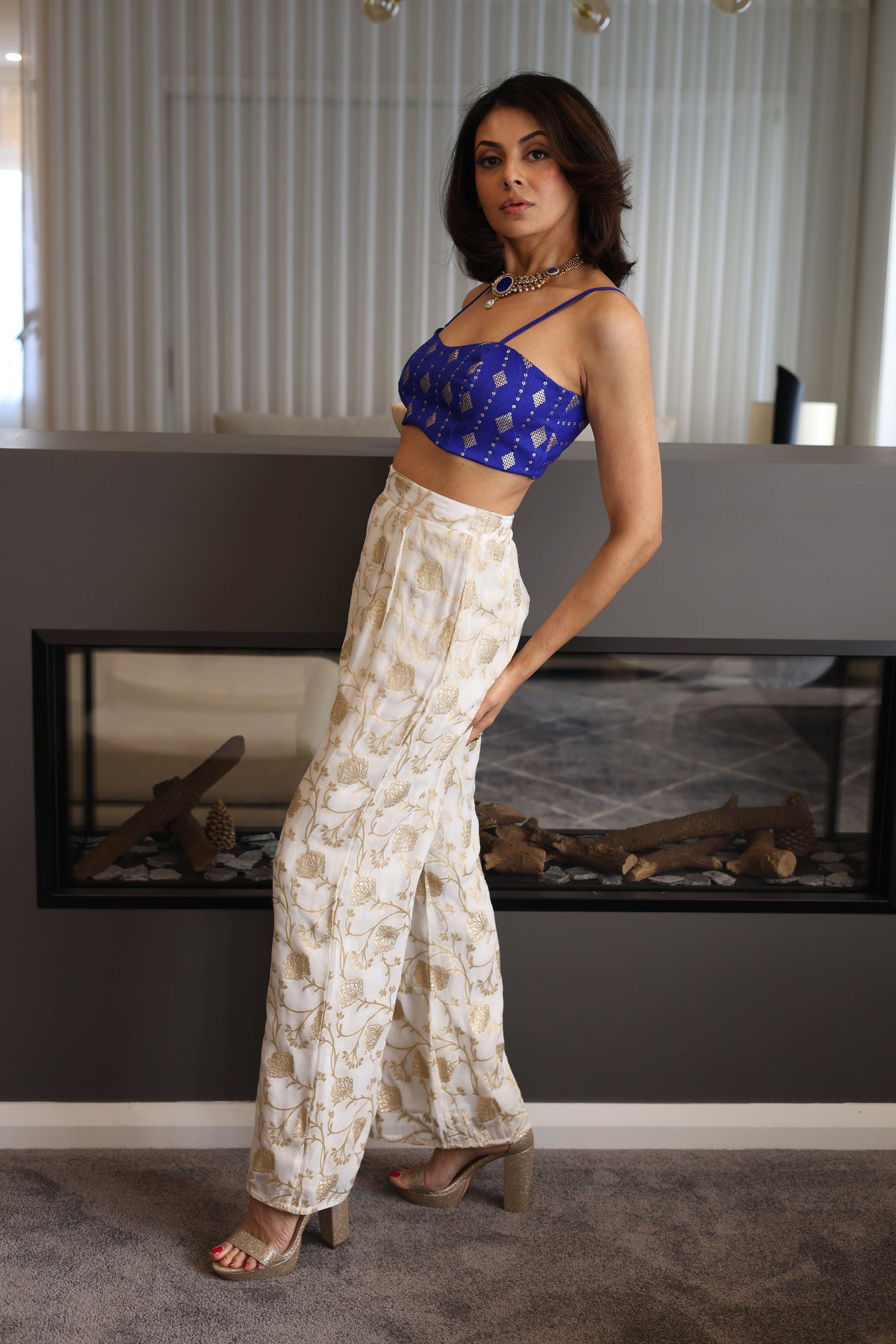 Ivory with Gold Weaving Wide Leg Pants