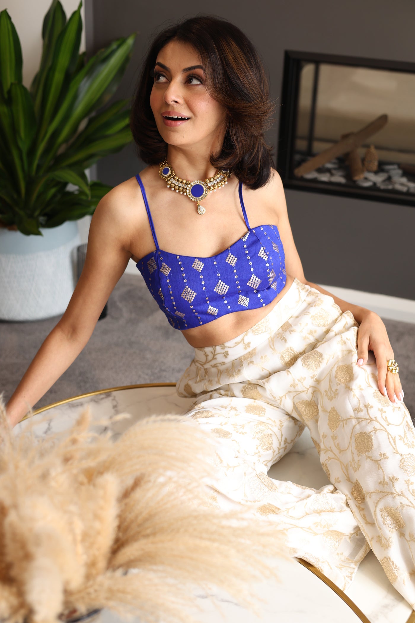 Raw Silk Embroidered Blue Crop Top