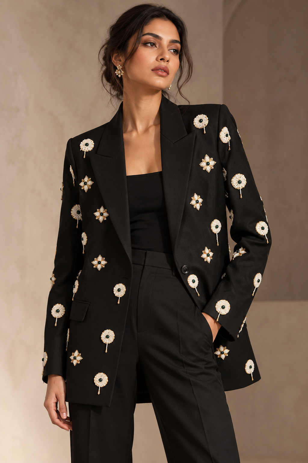 Amara Hand-Embroidered Statement Blazer – Black