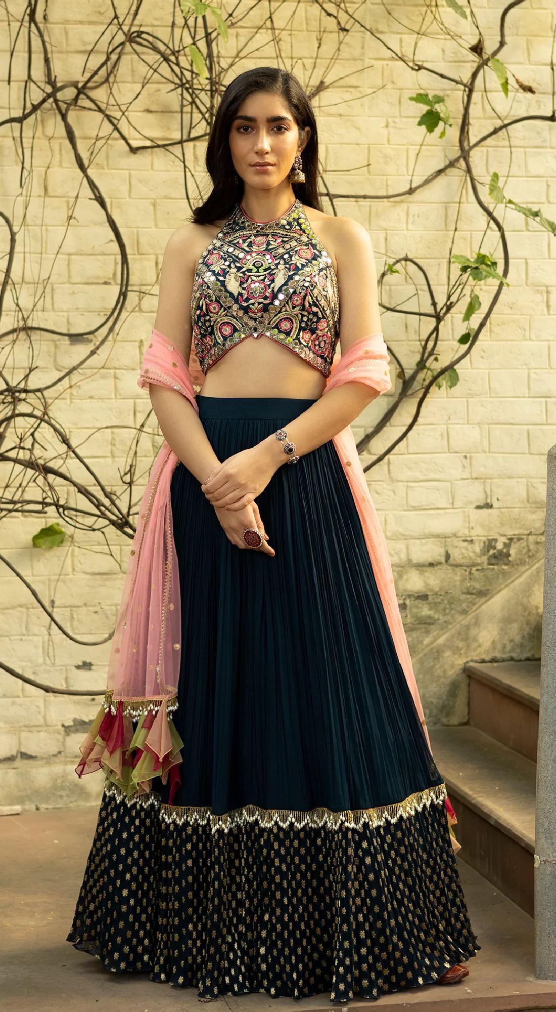 Teal Blue Mirror Embroidered Lehenga Set