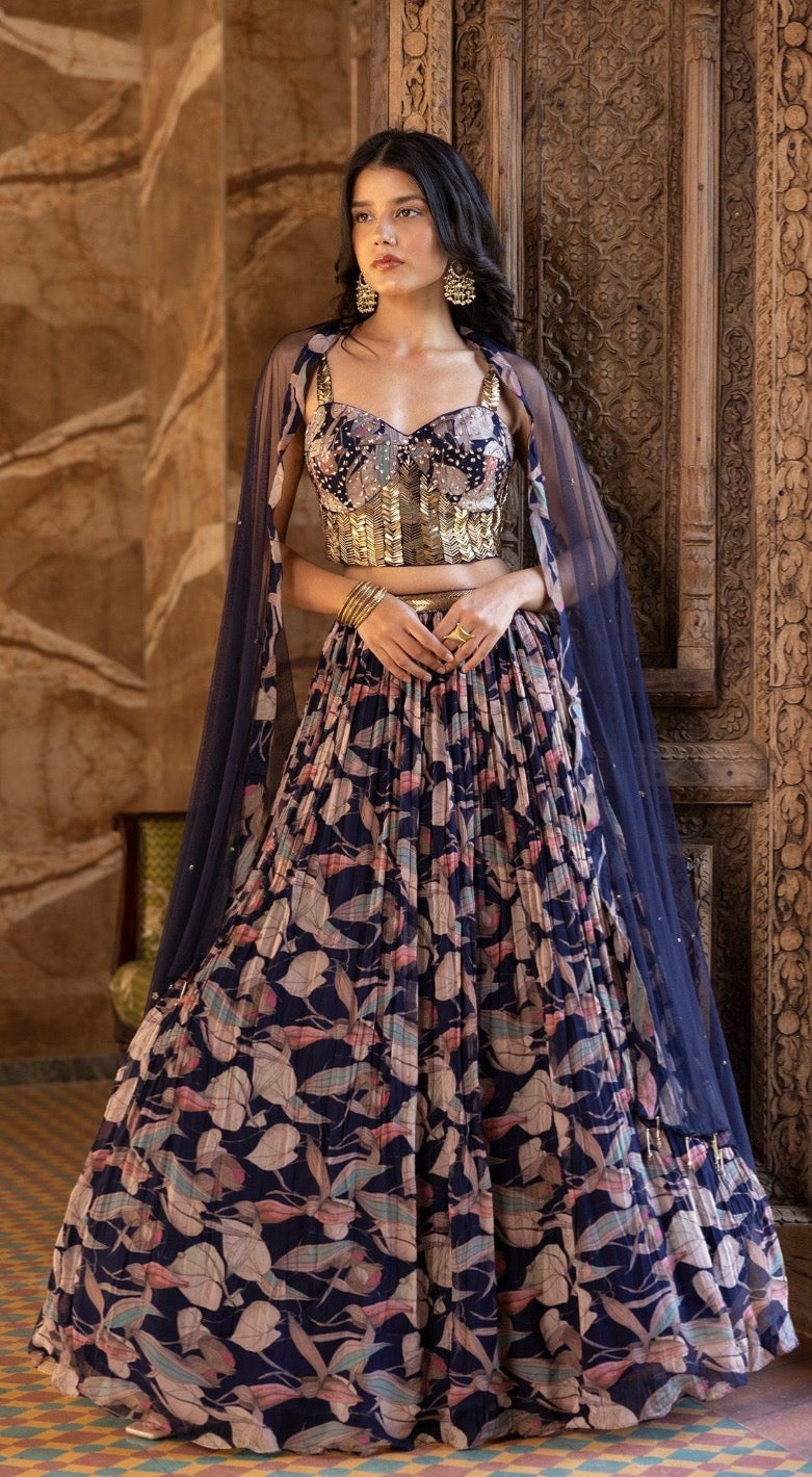 Blue Floral Print Lehenga Set