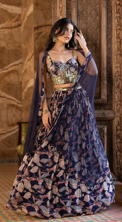 Blue Floral Print Lehenga Set