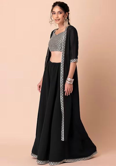 Black Zari Embroidered Jacket Set With Sequin Embroidered Blouse And Palazzo Pants