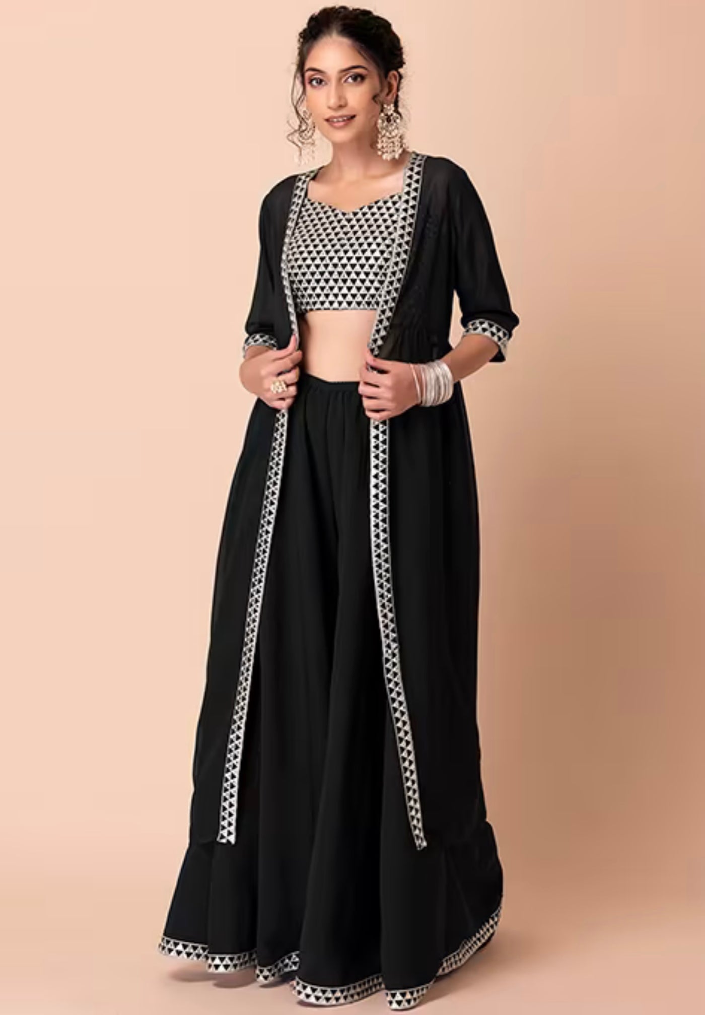 Black Zari Embroidered Jacket Set With Sequin Embroidered Blouse And Palazzo Pants