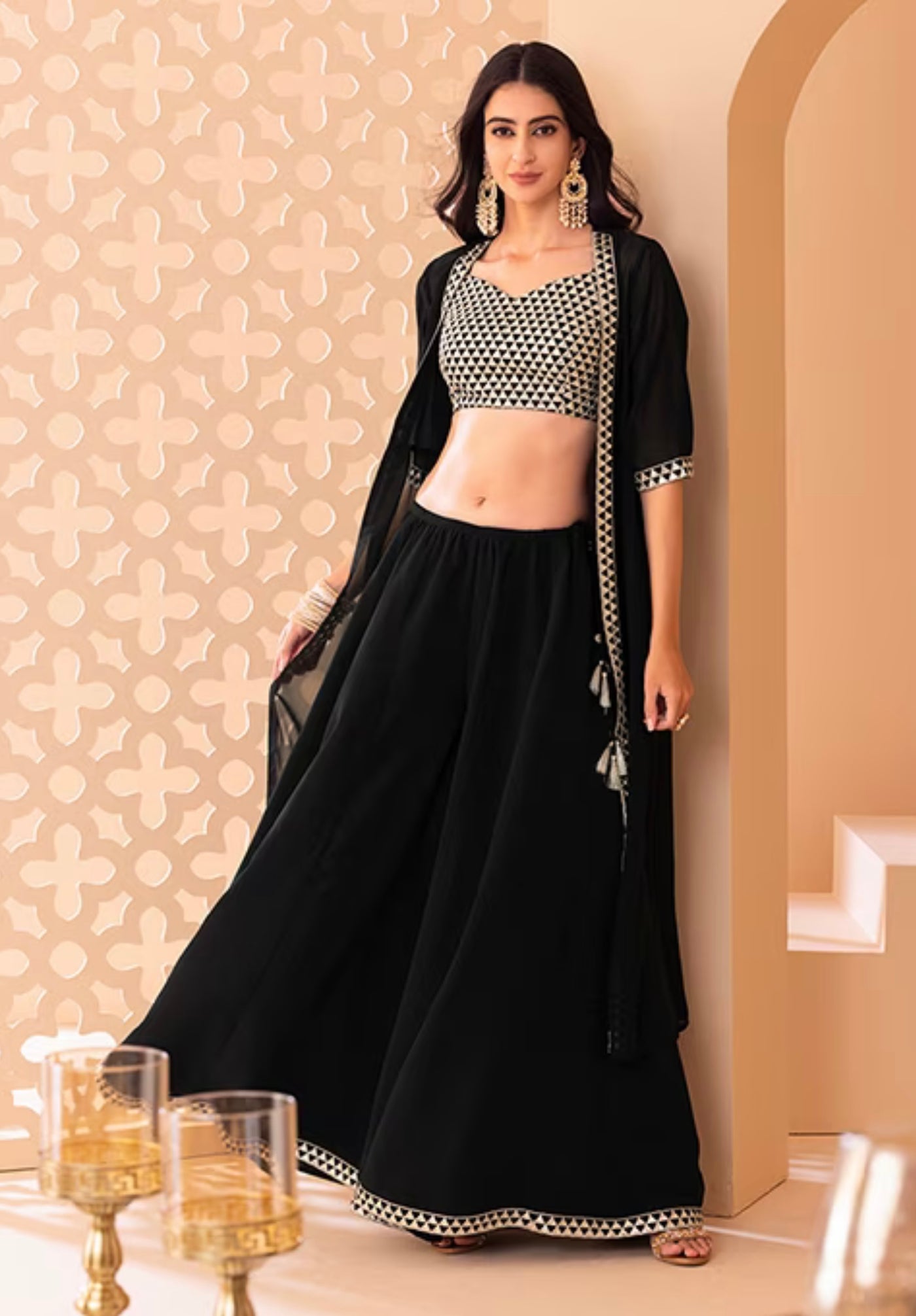 Black Zari Embroidered Jacket Set With Sequin Embroidered Blouse And Palazzo Pants