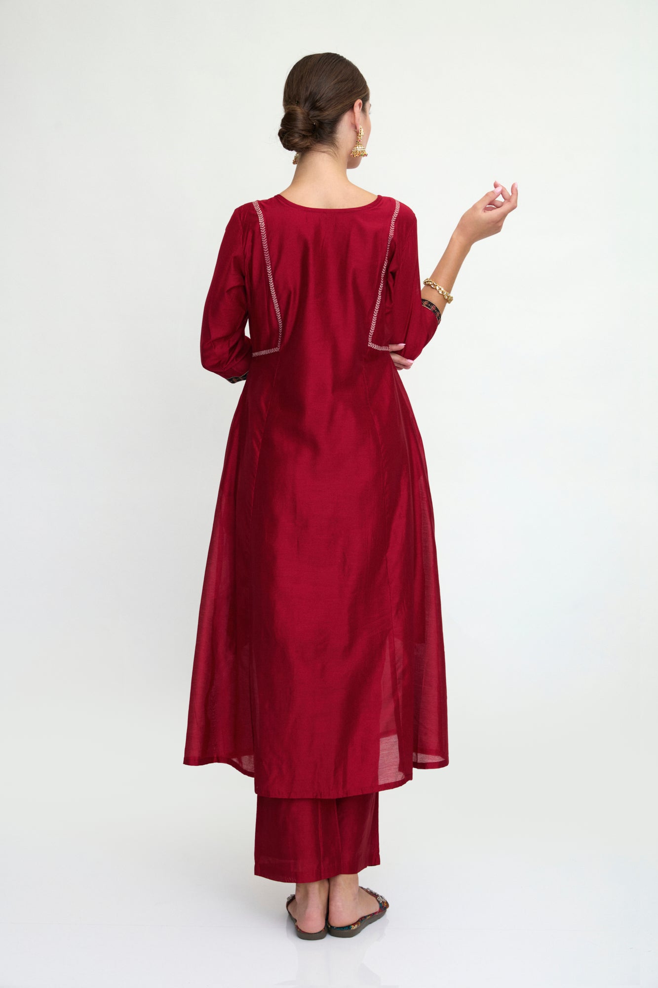 Maroon Cotton Embellished Kurta Set