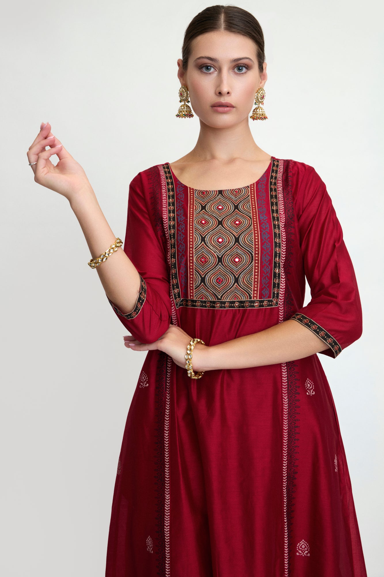 Maroon Cotton Embellished Kurta Set