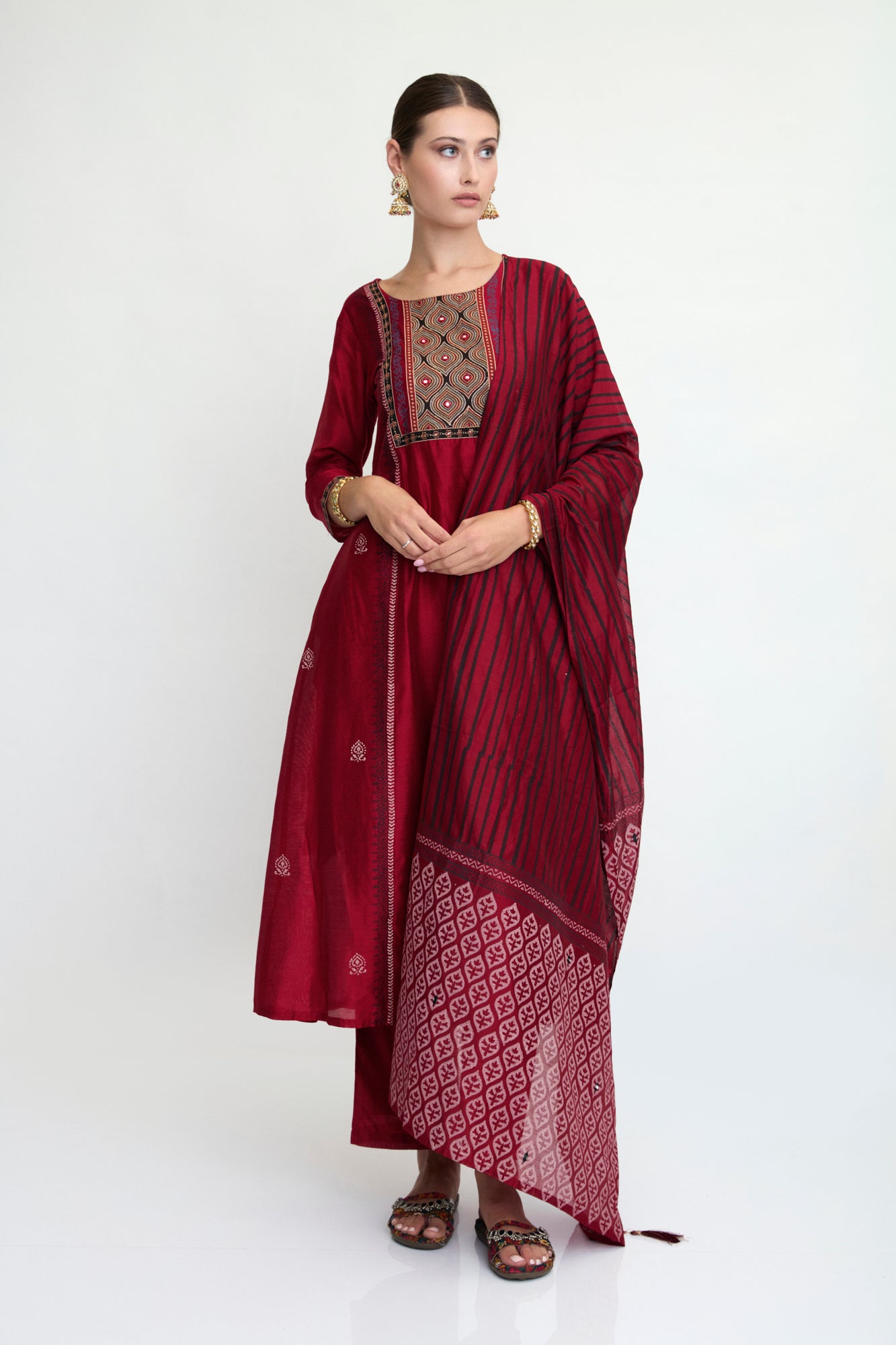 Maroon Cotton Embellished Kurta Set