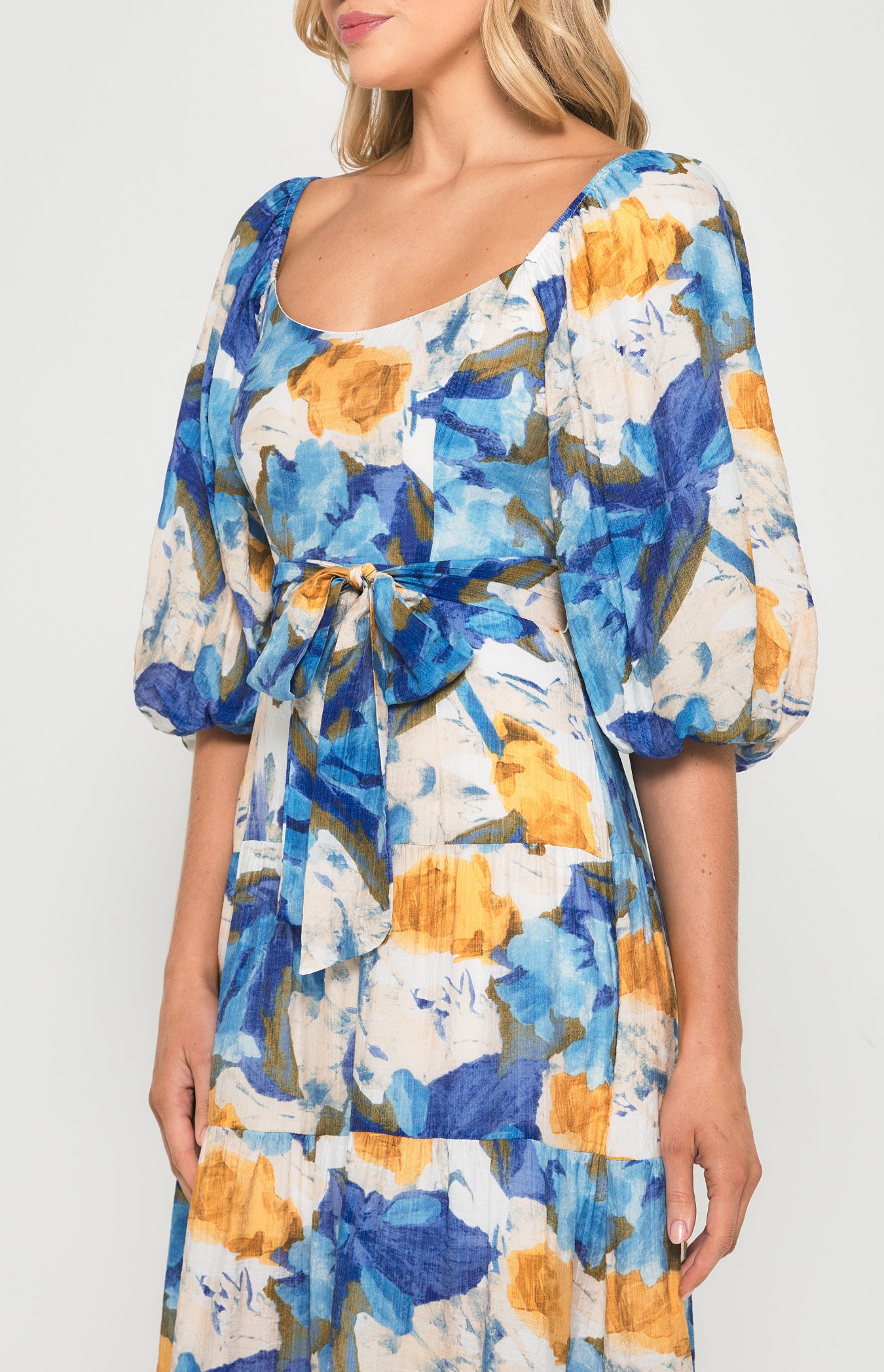 Floral Scoop Neckline Midi Dress with Tiered Hem - Blue Yellow