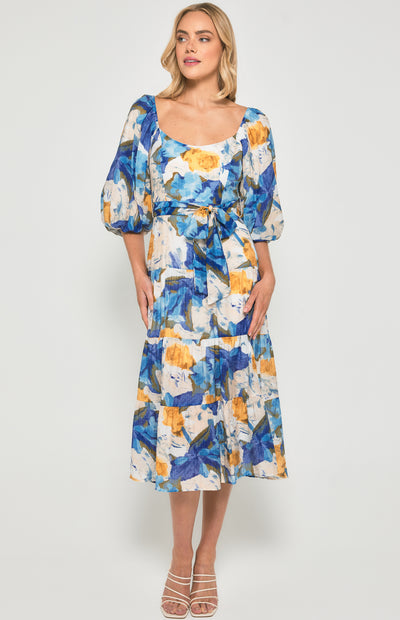 Floral Scoop Neckline Midi Dress with Tiered Hem - Blue Yellow