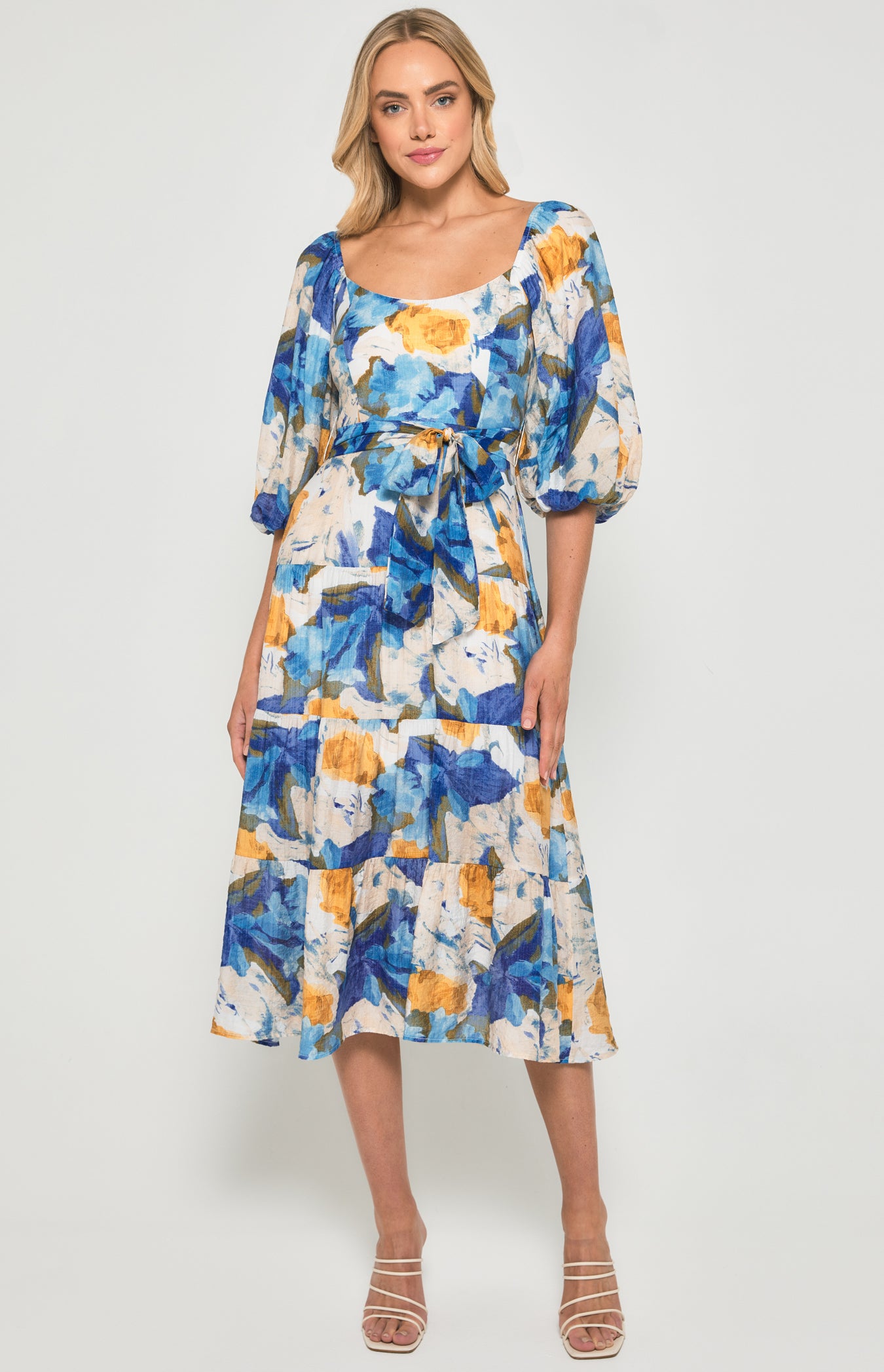 Floral Scoop Neckline Midi Dress with Tiered Hem - Blue Yellow