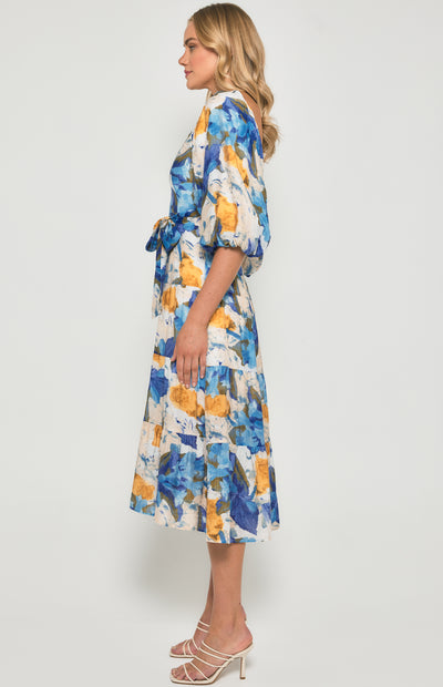 Floral Scoop Neckline Midi Dress with Tiered Hem - Blue Yellow