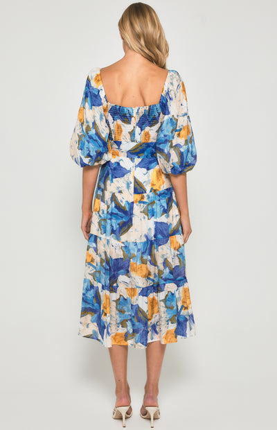 Floral Scoop Neckline Midi Dress with Tiered Hem - Blue Yellow