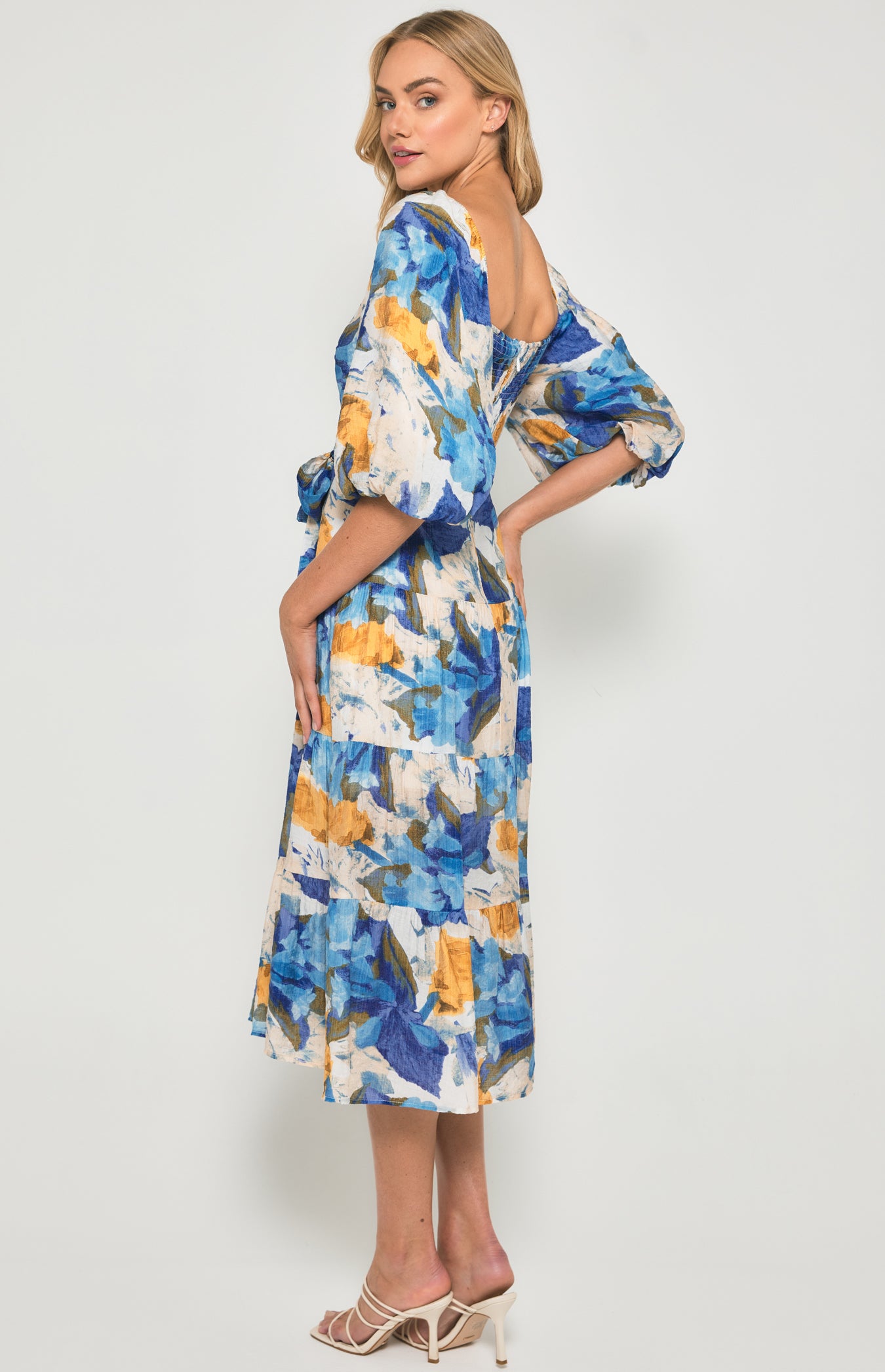 Floral Scoop Neckline Midi Dress with Tiered Hem - Blue Yellow