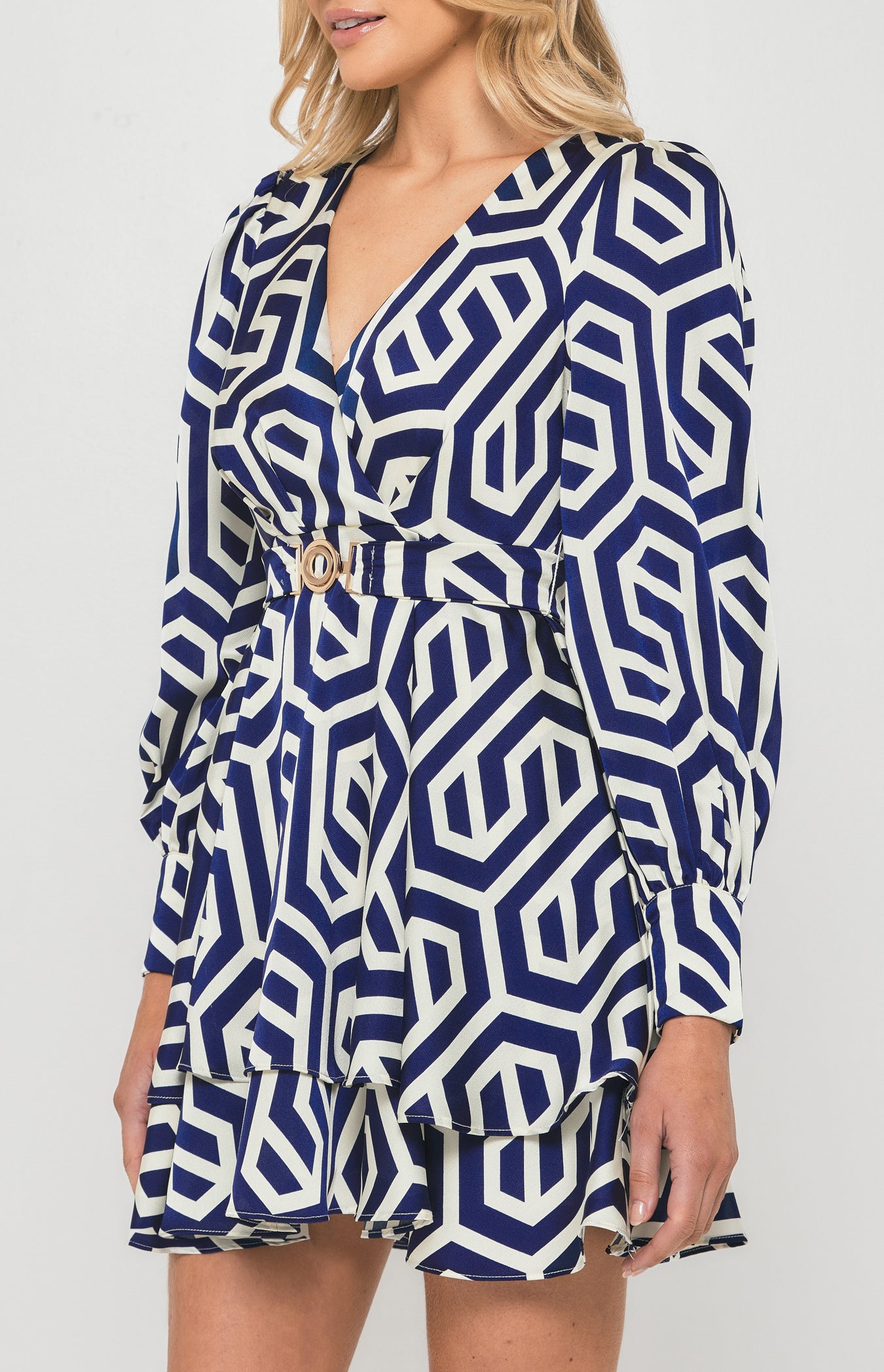 Geometric Print Dress with Metal Buckle Belt - Blue