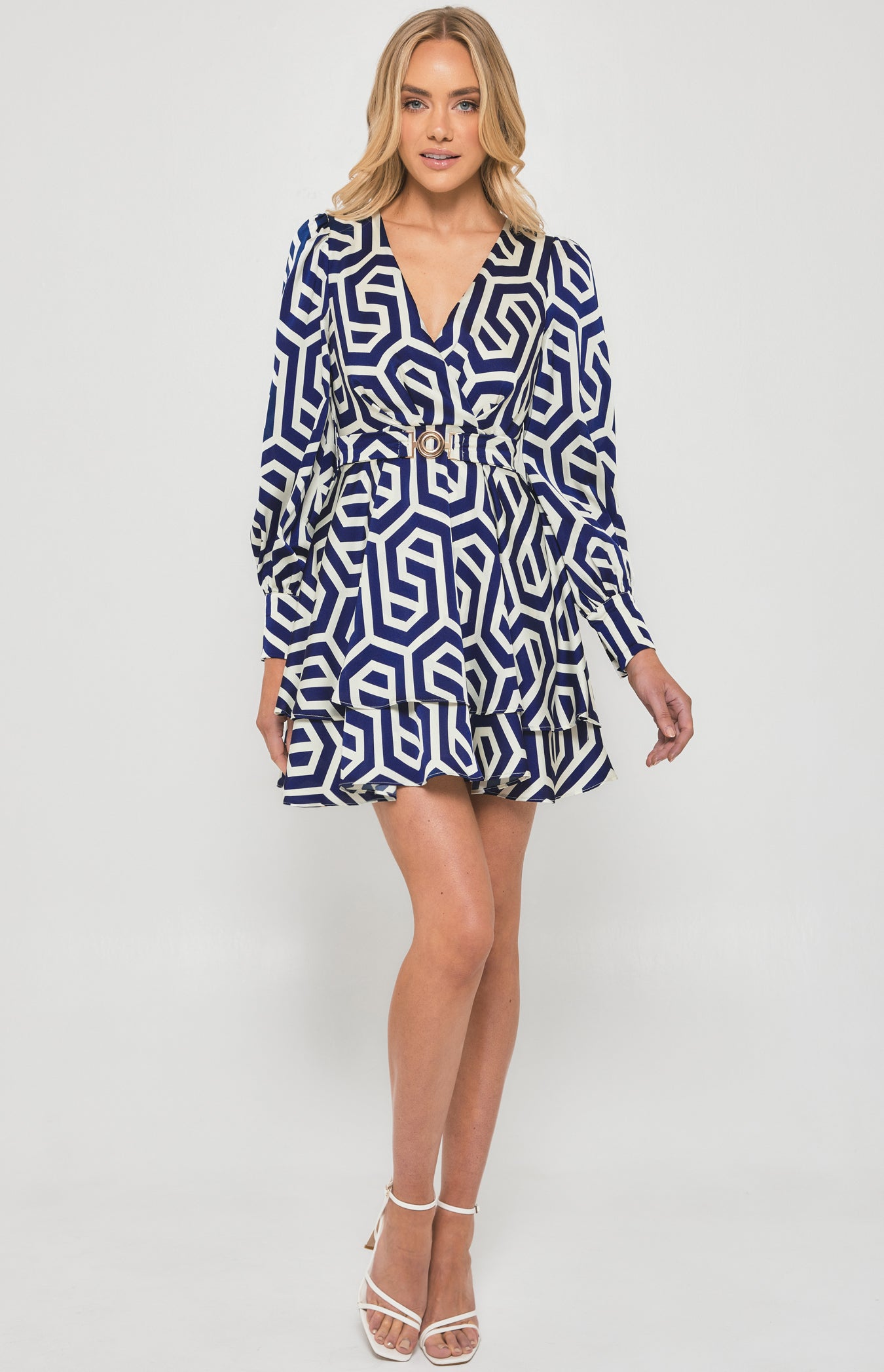 Geometric Print Dress with Metal Buckle Belt - Blue