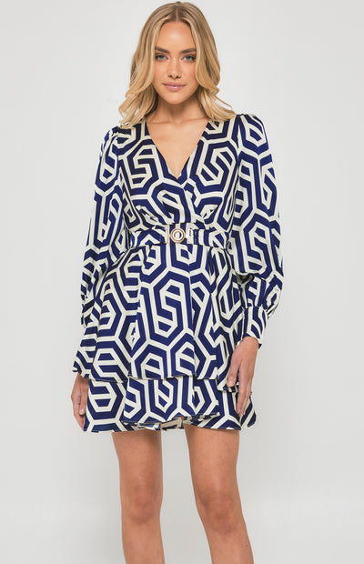 Geometric Print Dress with Metal Buckle Belt - Blue