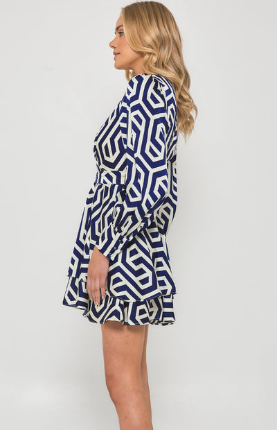 Geometric Print Dress with Metal Buckle Belt - Blue