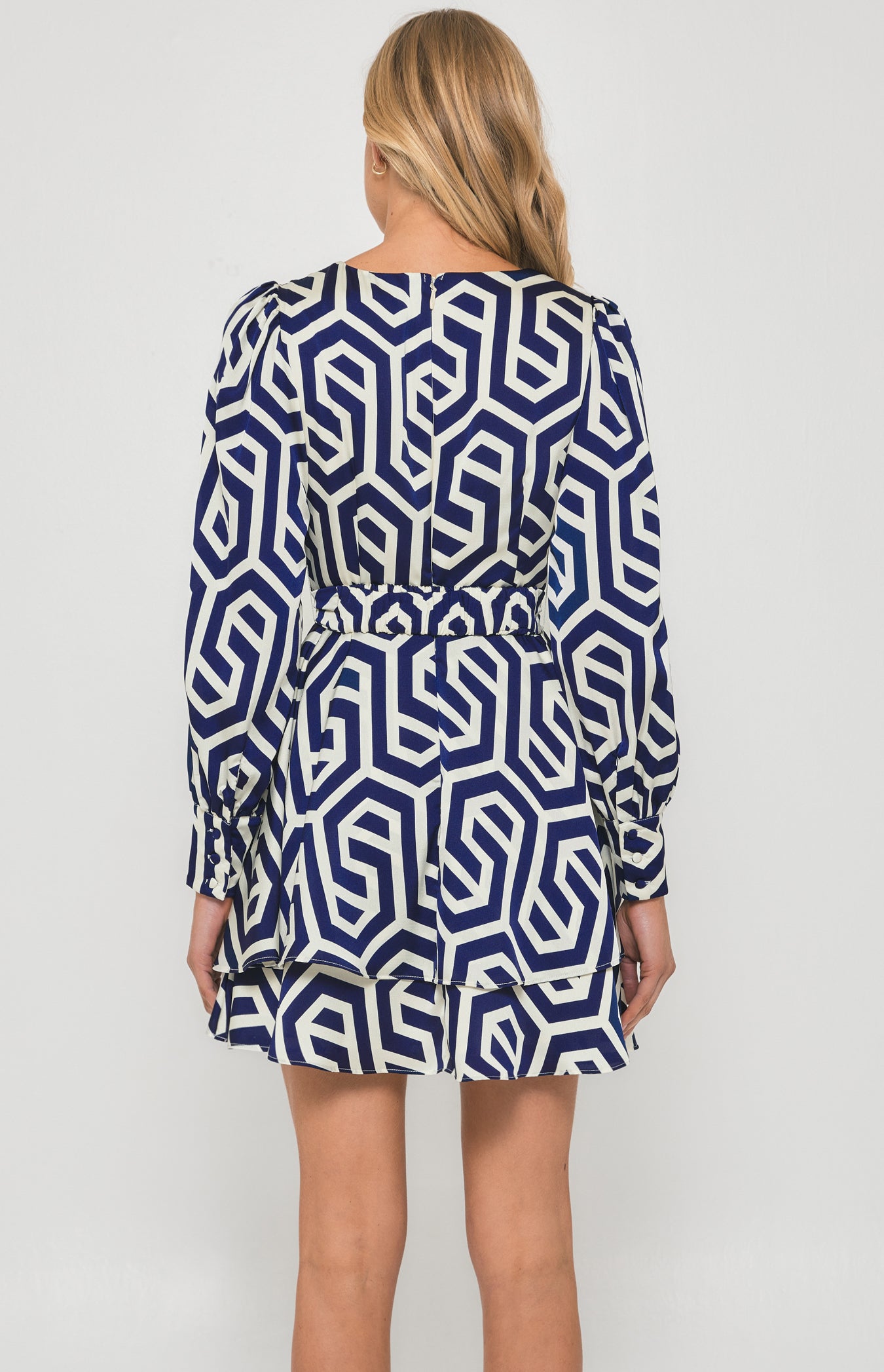 Geometric Print Dress with Metal Buckle Belt - Blue