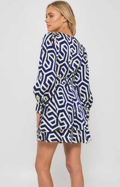 Geometric Print Dress with Metal Buckle Belt - Blue