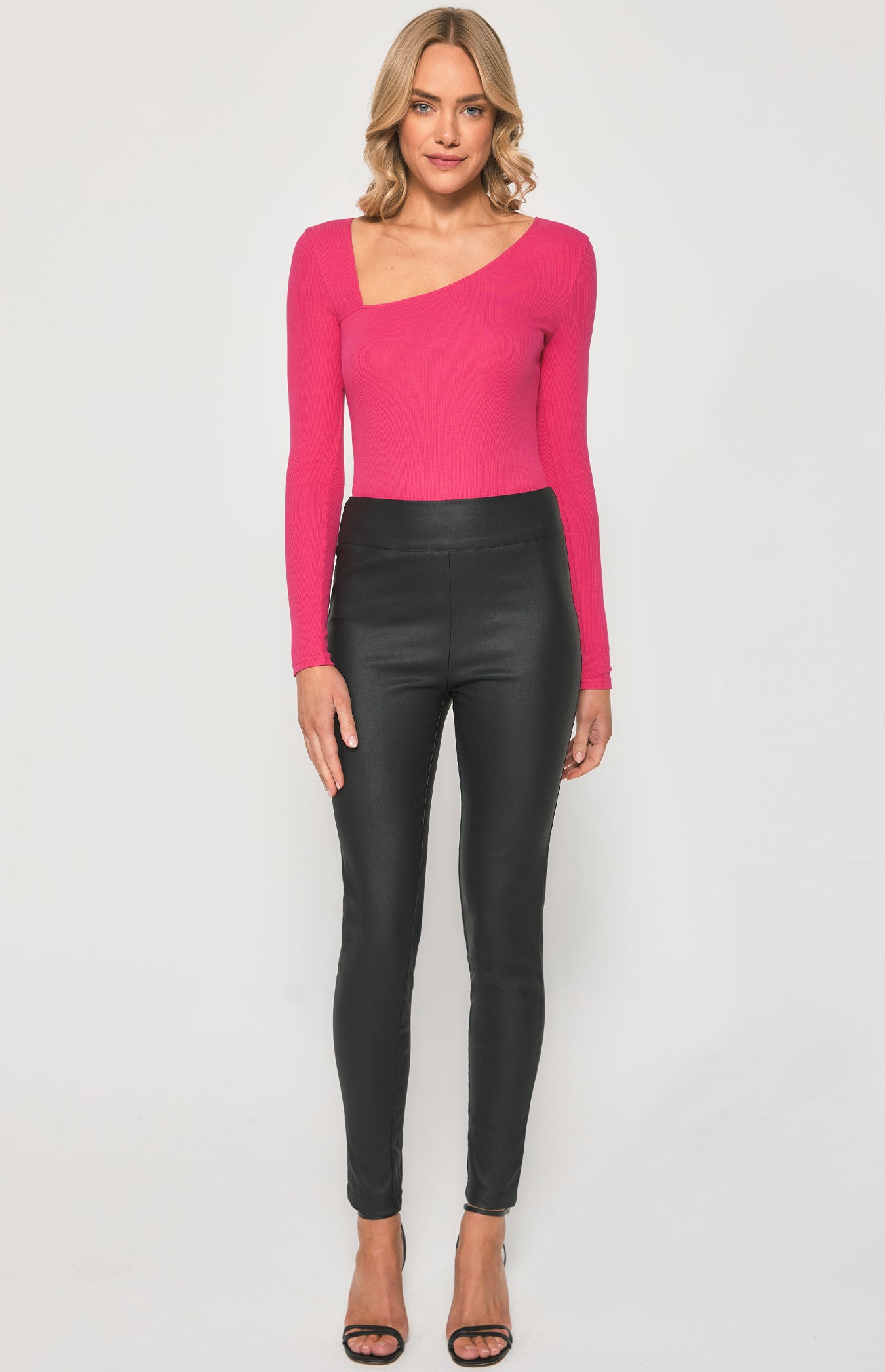 Fitted Bodysuit with Asymmetric Neckline - Magenta