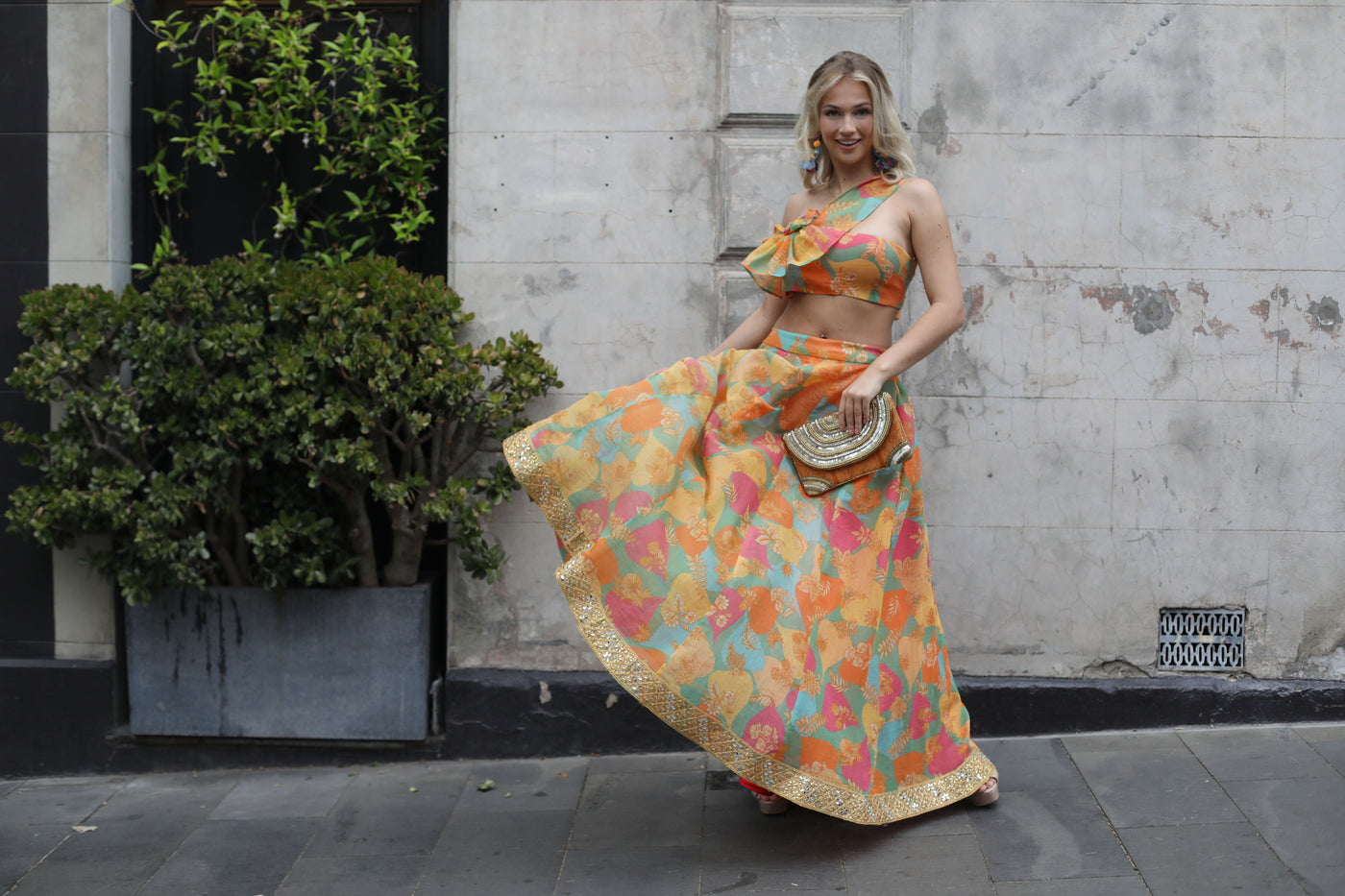 Cotton Print Skirt with Back Tie Knot Crop top