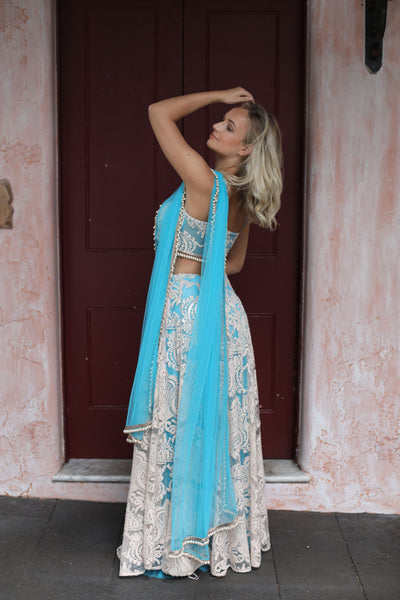 Cyan Blue and Ivory Lace Lehenga Set