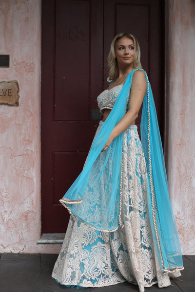 Cyan Blue and Ivory Lace Lehenga Set