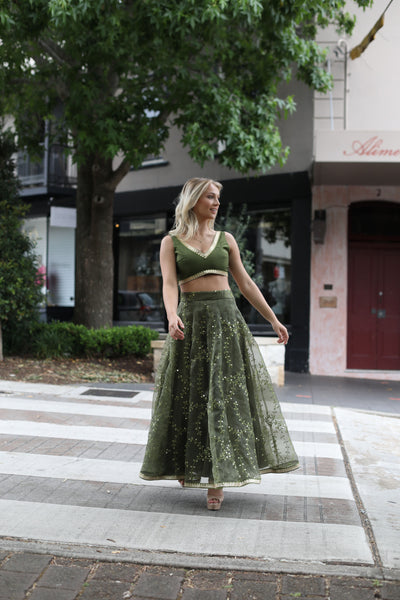 Green Organza Sequin Lehenga Set